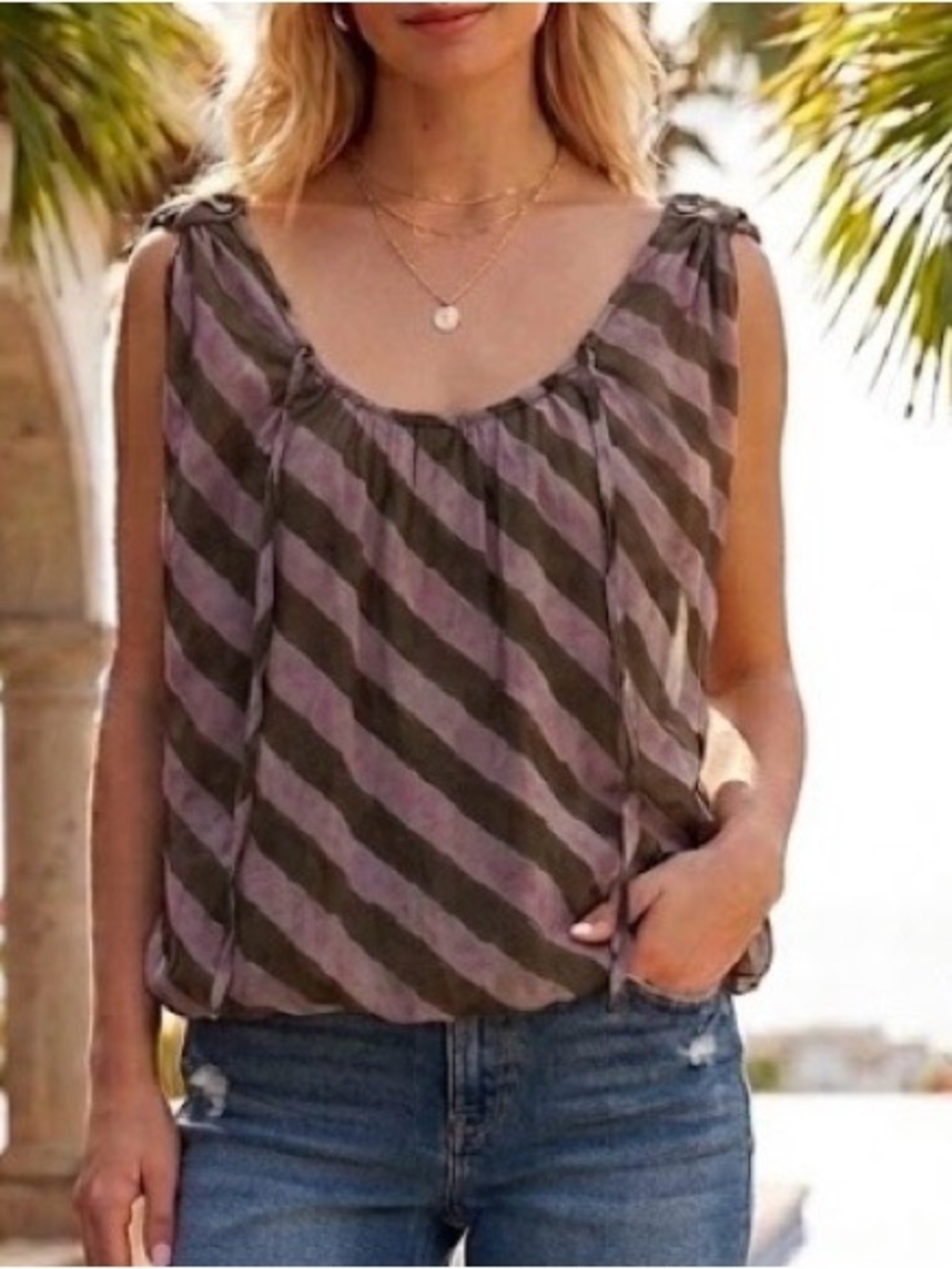 Free People Y2K billowy tank diagonal stripe attached brown tank medium